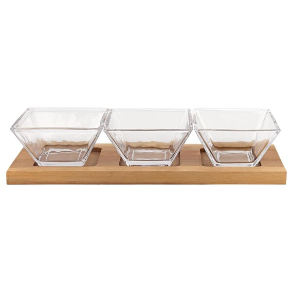 Tarifa 4 in. Mouth Blown Crystal Hostess Set with 3 Glass Condiment or Dip Bowls on a Wood Tray - 4 Piece TA1854190 - main